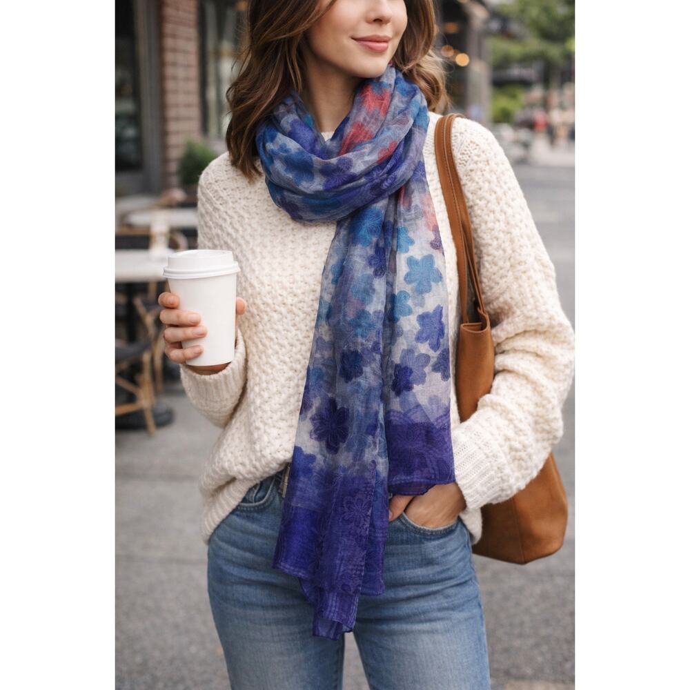 Romantic Burnout Floral Scarf Silk Blend Blue Purple Hand Dyed Laguna Beach NWT